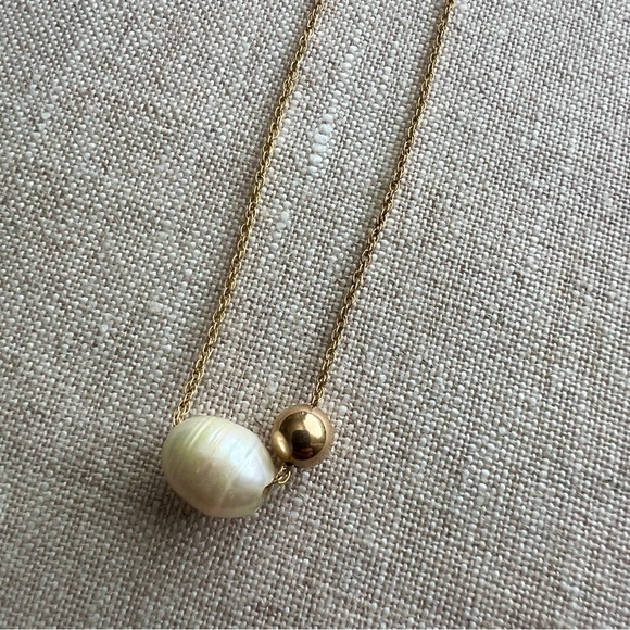 14K GF Freshwater pearl gold bead necklace 18” chain modern wabi sabi dainty - Picture 3 of 8